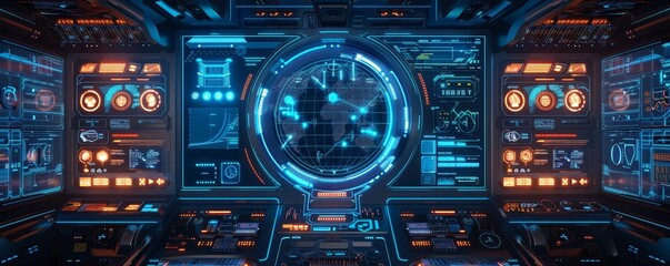 Futuristic spaceship control panel with high-tech user interfaces and holographic displays, showcasing advanced technology in cosmic exploration.