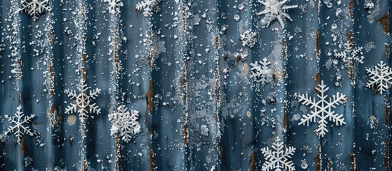 Aufkleber - Winter snowflakes on a painted metal profiled wall in a copy space image.
