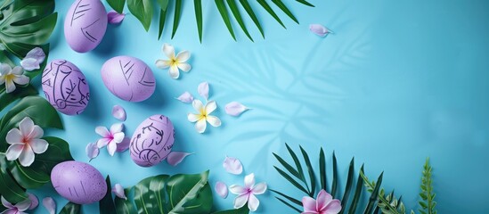 Wall Mural - Top view of a purple Easter eggs arrangement on a blue backdrop with tropical leaves and flowers, creating a creative Easter-themed copy space image.