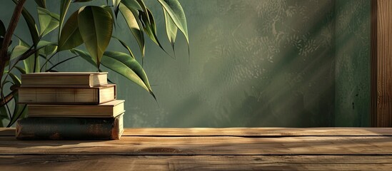 Poster - Back to school vibes with a stack of hardcover books atop a wooden table, offering a suitable backdrop for a copy space image.