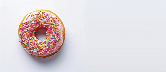 Poster - A bird's eye view of a donut topped with vibrant sprinkles displayed on a blank white backdrop, perfect for adding text in the copy space image.