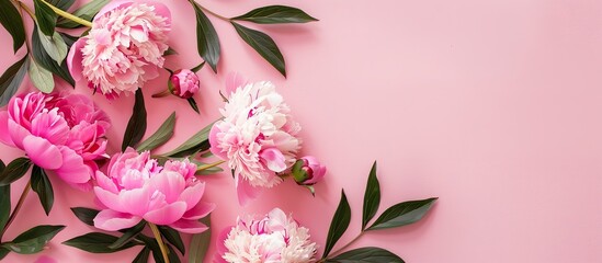 Poster - Peony flowers and green leaves arranged on a soft pink backdrop create a greeting card theme featuring a copy space image.