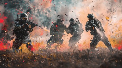 group of people playing paintball with helmet and gun