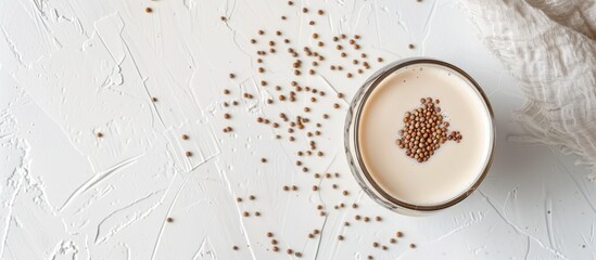 Canvas Print - Glass of buckwheat milk with dry seeds on white background. Conveys vegan and vegetarian milk idea. Includes copy space image.