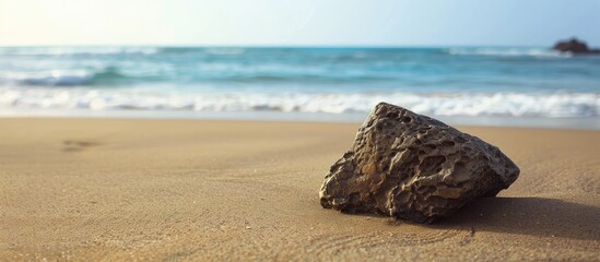 Aufkleber - Triangular rock resting on sandy beach with copy space image.