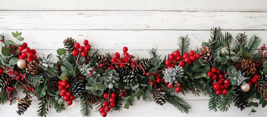Poster - A festive arrangement for Christmas and New Year displayed on a white wooden backdrop with room for text in the image.
