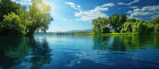 Wall Mural - Blue river with a reflective water surface creating a peaceful scenery, suitable for copy space image.