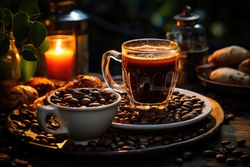 Wall Mural - Espresso and coffee beans at the table, generative IA