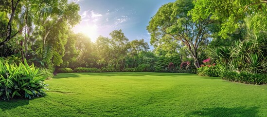 Poster - Sunny summer day in a botanical garden with lush green lawn, beautiful trees, and plants, ideal for copy space image.