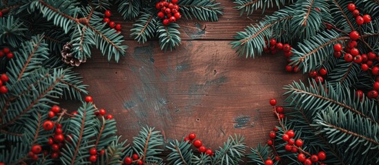 Aufkleber - Circular arrangement of green Christmas tree branches and red viburnum berries on a wooden backdrop with copy space image.