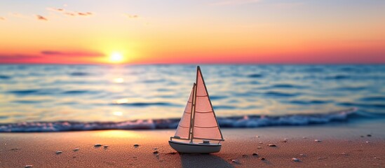 Canvas Print - Sunset at the beach with a toy sailboat creating a serene scene with the ocean backdrop and ample copy space image.