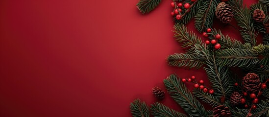 Aufkleber - Christmas tree branches decorated beautifully against a red backdrop with a space for text within the image.