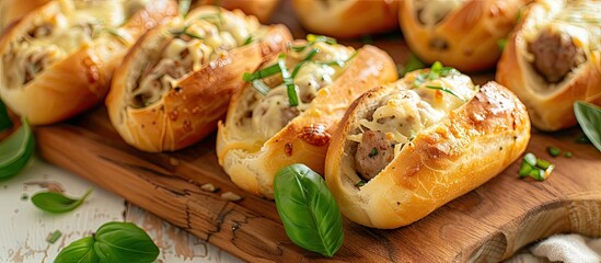Poster - Savory wheat bread rolls filled with sausage and cheese. Ideal for breakfast or brunch. Presented on a wooden board with basil. White backdrop. Focus on rolls, room for text.