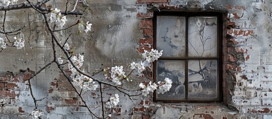 Sticker - An enchanting sight of cherry blossom branches against a rustic brick wall with a window in the background, creating a serene atmosphere for a copy space image.