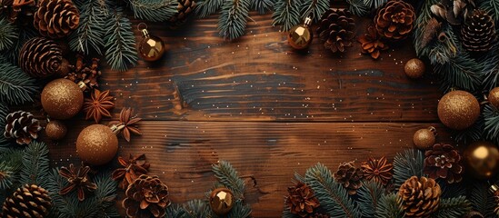 Canvas Print - Top view of a Christmas-themed wooden background adorned with pinecones and golden balls, representing a New Year concept, featuring copy space image.