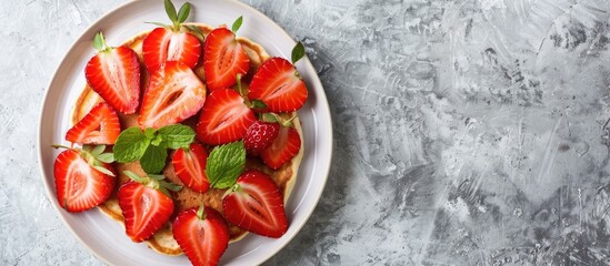 Poster - A plate displaying delicious strawberry pancakes with copy space image.