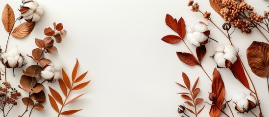 Aufkleber - Autumn-themed arrangement with cotton flowers and dried leaves on a white background, emphasizing the fall season. Top view with ample copy space image.