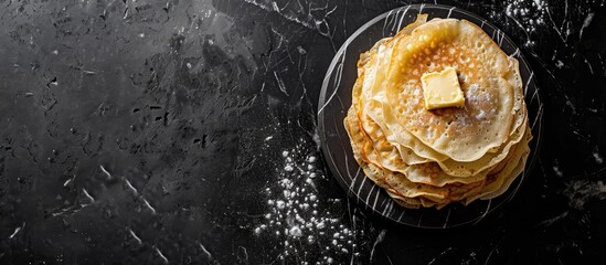 Poster - Top view of a stack of crepes with butter on a marble board against a black background, featuring copy space image.