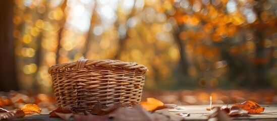 Poster - Autumn forest setting with a blurred background, featuring a lovely wooden woven basket in the foreground, ideal for copy space image.