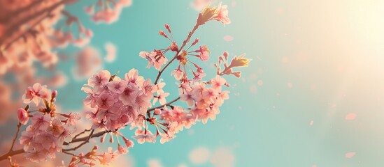 Poster - A lovely pink cherry blossom tree in sunset's soft warm evening light with a vintage effect against a blue sky background; featuring copy space image.
