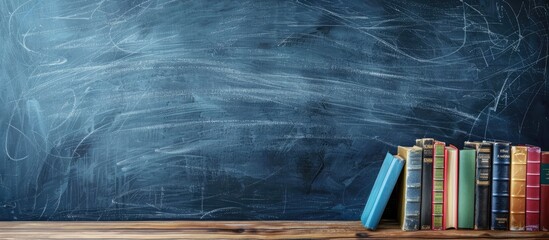 Poster - Desk with a variety of books neatly arranged in front of a blank chalkboard background ideal for copy space image.