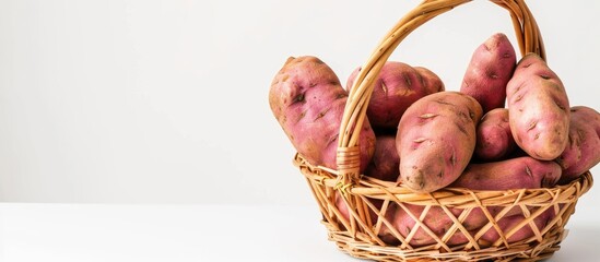 Poster - Fresh organic sweet potatoes in a basket, isolated on white background with copy space image.