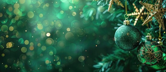 Poster - Festive Christmas ornaments like snowflakes and stars against a green backdrop with ample copy space image.