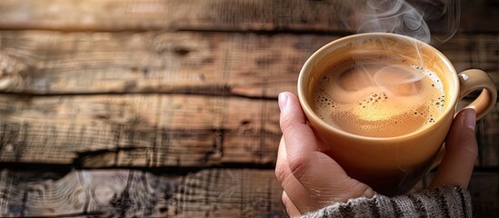 Aufkleber - Hand holding a steaming cup of coffee with a rustic background and copy space image.