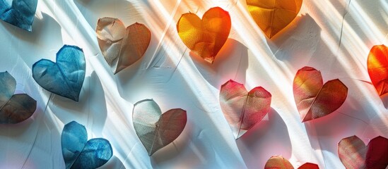 Aufkleber - Colorful heart shapes crafted from textured velvet paper against a white backdrop with alternating patches of sunlight and shade, forming an abstract background with space for adding text or images.