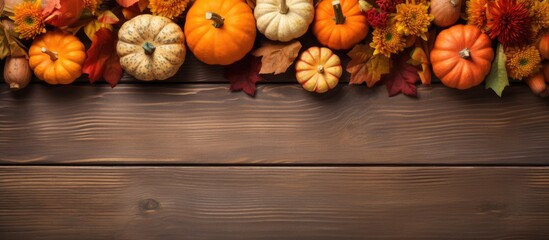 Poster - Thanksgiving theme with orange pumpkins, fall leaves, and flowers on a wooden table. Overhead view with room for text or image