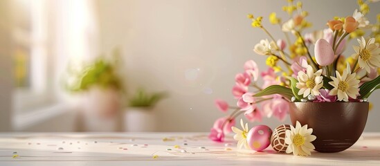 Aufkleber - Minimalist modern decor featuring Easter chocolate candy eggs and spring flowers, with a clean design leaving room for a copy space image.