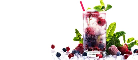 Poster - A refreshing summer drink with mint, berries, and a straw, placed on a white background with room for text around the cocktail for a copy space image.