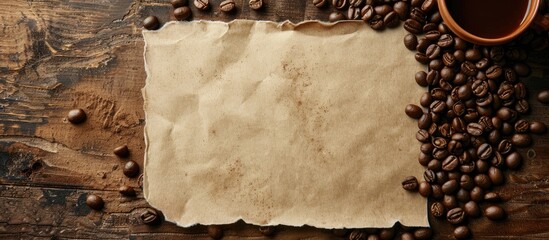 Sticker - An aerial perspective of a blank paper and a container of coffee beans with blank space for text or images in the frame.