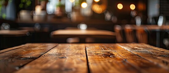 Aufkleber - Focused on an empty brown wooden table in a coffee shop background with bokeh, ideal for showcasing products in a montage with copy space image.