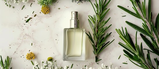 Canvas Print - White wooden table adorned with perfume spray, rosemary, and an empty copy space image.