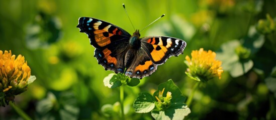 Poster - Macro close-up of an Orange Yellow-legged tortoiseshell butterfly on a Clover flower, showing detailed features like eyes, proboscis, and antennae with copy space image.