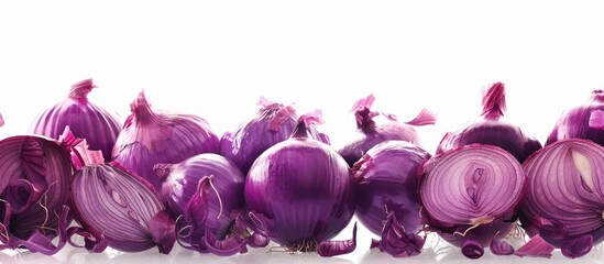 Wall Mural - A vibrant purple onion is front and center, with fresh whole purple onions in the backdrop. The scene is isolated against a white background with copy space image available.