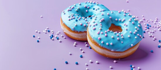 Poster - Close-up view of two appetizing donuts adorned with blue and white icing and sprinkles, isolated on a purple backdrop. Illustrating dessert ideas, with available copy space image.