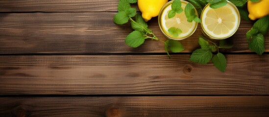 Aufkleber - Wooden background hosts a glass of refreshing lemonade with mint leaves and lemons, creating a visually appealing copy space image.