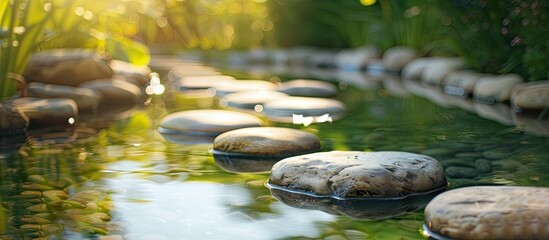 Poster - A serene pond displaying smooth stones, with the water's reflection adding to the tranquility of the scenery in the copy space image.