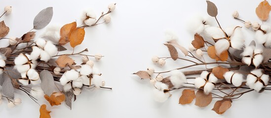 Aufkleber - A fall-themed arrangement featuring a frame of eucalyptus, cotton flowers, and dried leaves on a soft gray backdrop for a cozy autumn vibe. Top view with room for text or images