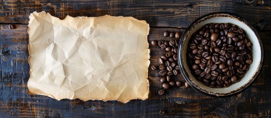 Sticker - An aerial perspective of a blank paper and a container of coffee beans with blank space for text or images in the frame.