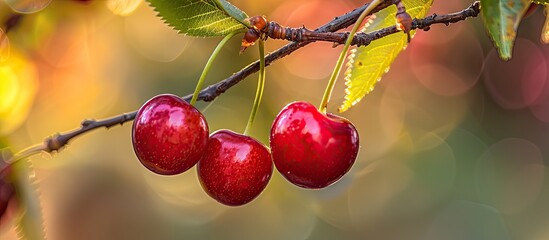 Aufkleber - A close-up outdoor shot featuring three ripe cherries on a branch, with ample copy space image available.