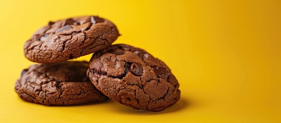 Poster - Delicious chocolate brownie cookies with a yellow backdrop featuring copy space image.
