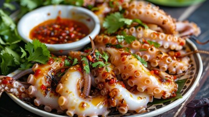 Wall Mural - A plate of grilled squid tentacles with spicy dipping sauce and fresh herbs, ready to eat.