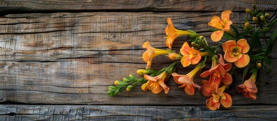 Aufkleber - Freesia flowers blooming on a wooden surface with copy space image.