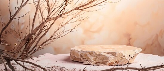 Fototapete - Brown rough stones arranged to create a podium with dry tree snags on a soft pastel backdrop can serve as a background for advertising natural cosmetic products, with copy space image.