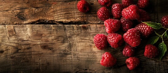 Poster - Fresh raspberries displayed on a rustic old wooden tabletop with ample copy space image.