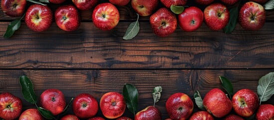 Poster - Wooden background covered with apples. Flat lay view from the top with copy space image.