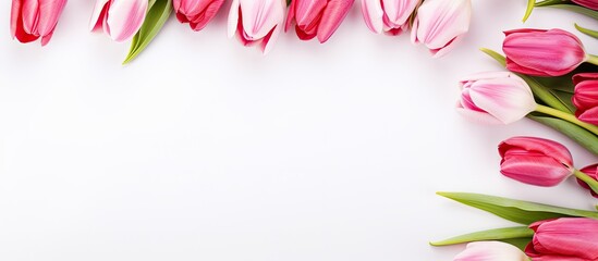 Aufkleber - Top view of tulip flowers creating a border frame on a white background with a copy space image.